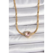 Mey İthalat 316l Çelik Gold Renk İtalyan Zincir Pembe Zirkon Taşlı Kalp Model Kadın Kolye altın