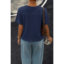 Cool Tarz Kadın %100 Pamuk Sırt Detaylı Süprem Bisiklet Yaka T-shirt Lacivert Lacivert