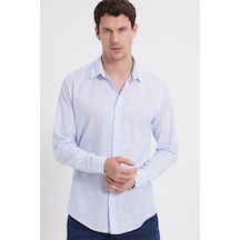 Tudors Erkek Slim Fit Dar Kesim %100 Pamuk Çizgili Uzun Kollu Keten Efektli Mavi Gömlek-46255