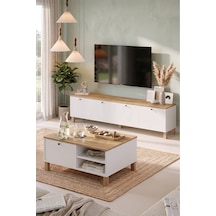 Yurudesign Nord Tv Ünitesi Orta Sehpa 2'li Set Ahşap Ayaklı Sepet-beyaz Nd20-sw