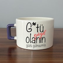G Tü Güzel Olanın Yüzü Gülmezmiş Baskılı Mor Kulplu C Fincan