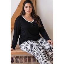 Siyah İnci Siyah Desenli Düğmeli Büyük Beden Battal Boy Viskon Örme Pijama Takım 26224857