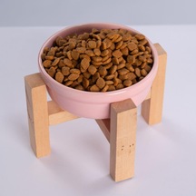 Pembe Ahşap Standlı Seramik Mama/ Su Kabı Kedi Köpek Mama Su Kabı