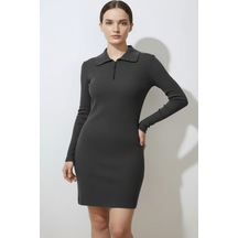 Kadın Fermuarlı Polo Yaka Gri Elbise Çok Renkli