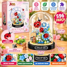 Uğur Böcekli Fanuslu Çiçek Bricks 596 Parça Mini Blok Yapım Seti Dekoratif Çiçek Buketi