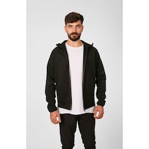 Nature The Brand Şardonlu Dalgıç Fermuarlı Dik Yaka Kapüşonlu Sweatshirt/ceket Siyah