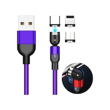 2m 2a Çıkış 3'ü 1 Arada Usb - 8 Pin Usb-c / Type-c Mikro Usb Naylon Örgülü Döndürmeli Manyetik Şarj Kablosu Mor
