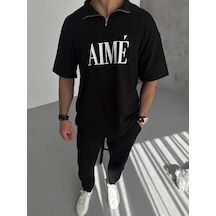 Erkek Yarım Fermuarlı Kısa Kol Baskılı T-shirt - Siyah Siyah