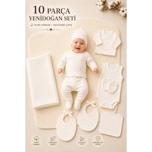 Petino Premium 10 Parça Yenidoğan Unisex Hastane Çıkış Seti %100 Pamuk Fitilli Ekru Battaniyeli Bebek Seti