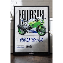 Kawasaki Ninja Zx-6 R Siyah Ahşap Çerçeveli Poster, Dekoratif Motosiklet Duvar Tablosu