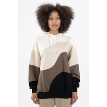 Maraton Sportswear Oversize Kadın Kapşonlu Uzun Kol Basic Ekrumelaj Sweatshirt 22156-ekrumelaj