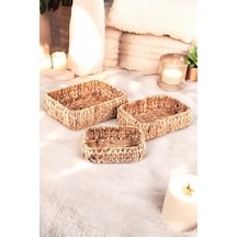 Doğal El Yapımı, Kare Bombeli Düzenleyici 3'lü Hasır Sepet - 32cm-28cm-24cm 3 Boy Set Diğer