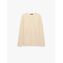 Koton Pamuklu Uzun Kollu Pike Kumaş Düğmeli Henley Yaka Sweatshirt Bej 7wam70072mk Ekru