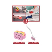 Bulaşık Yıkama 2 Li Set, Vantuzlu Bulaşık Süngeri Askısı Tutacağı Sıkacağı + Bulaşık Fırçası Seti