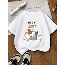Uyguntarz Çocuk Meow Baskılı Pamuklu Tshirt Beyaz