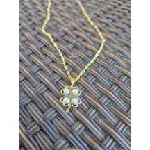 925 Ayar Papatya Silver İncili Yonca Kolye Rose,gold,rodaj Gümüş