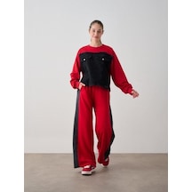 Kız Çocuk Mevsimlik Altı Denim Cepli 3 İplik Sweatshirt-14777 Kırmızı
