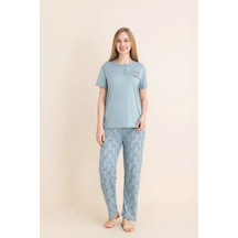Enisena Kadın Pijama Takımı-menekşe Kumaş-3 Düğmeli-yaka Baskılı-12606sf Turkuaz