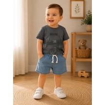 Mina Mino Baby Baskılı Kot Şortlu Erkek İkili Takım 2-5 Yaş-ba26204212 - Gri