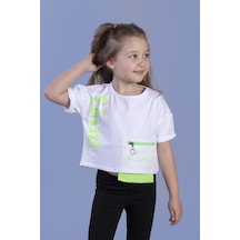 Toontoy Kids Toontoy Kız Çocuk Neon Uyumlu Cep Detaylı Baskılı Tişört Beyaz