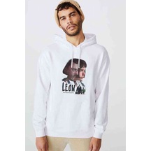 Leon Baskılı Beyaz Erkek Örme Kapşonlu Sweatshirt (531042946)