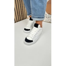 Günlük Kadın Sneaker Bağcıklı Tırtıklı Taban Süet Detaylı Yürüyüş Spor Ayakkabı 07 Beyaz Siyah