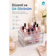 Üç Çekmeceli Oje Düzenleyici Makyaj Kozmetik Takı Ruj Organizeri 23x14x16 Cm Şeffaf