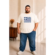 Sngl Tekstil Erkek Büyük Beden Kısa Kollu Yunanistan Bayrak Baskılı Tişört 3xl 4xl 5xl 6xl 7xl 8xl 9xl Ekru