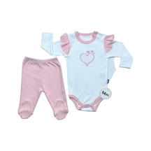 Mebs Clothing Pembe Body Takımı, Kalp Nakışlı, Çıtçıtlı, Uzun Kollu Body Takımı Çok Renkli
