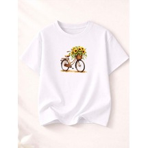 Bisiklet Ve Ayçiçeği Baskılı Kompak T-shirt Beyaz