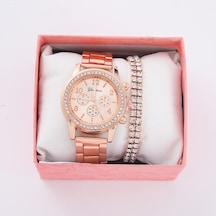 İş Çelik Bantlı Elmas Bayan Saati İmitasyon Kuvars Saat Şık Gündelik Gül Altın + Çift Sıra Hediye Kutusu Olmadan Diğer