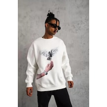 Yake Store Erkek Güvercin Baskılı Sweatshirt - Beyaz - Beyaz