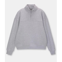 Oversize Yarım Farmuarlı Yakalı Basic Sweatshirt - Gri Gri
