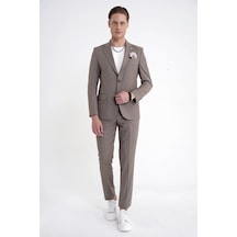 Efor Slim Fit Mono Yaka Esnek Yünlü Bej Çizgili Takım Elbise Tk 942