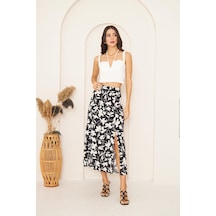 Darlin Moda Siyah Yaprak Desenli Yırtmaçlı Midi Etek Dm2014 Siyah