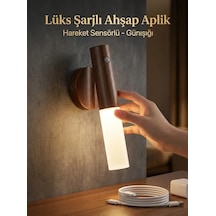Hareket Sensörlü Kablosuz Led Aplik Şarjlı Ahşap Renk Günışığı Duvar Lüks Lambası Gün Işığı