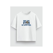 Yolo Street May The Fish Be With You Balıkçı Baskılı Oversize Beyaz Tişört %100 Pamuk Beyaz