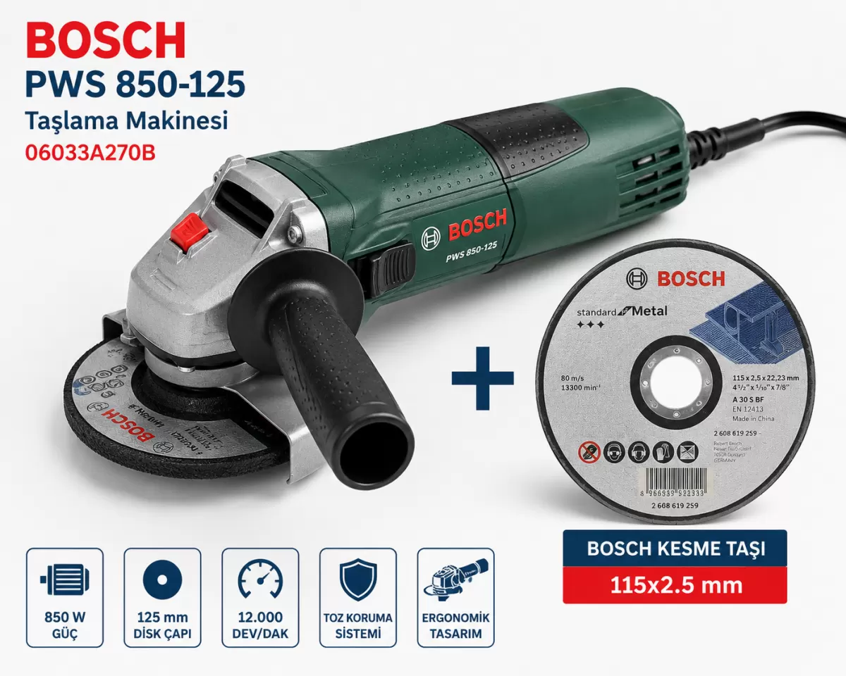 Bosch PWS 850-125 Taşlama Makinesi + Bosch 115x2.5 MM Metal Kesici Disk