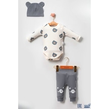 Babydonat Kulaklı Ayıcık % 100 Pamuk 3'lü Erkek Bebek Takımmmm Gri