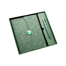 Senon Deri Defter Kalem Set Kutulu Özel Tasarım Hediyelik Set Yeşil Çok Renkli