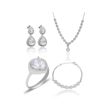 Zirkon Taşlı Damla Model 925 Ayar Gümüş Kadın Dörtlü Set 201025662