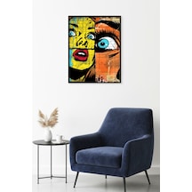 Doğal Ahşap Çerçeveli Soyut Pop Art Desenli Tablo - Sarı-mavi Huhu1787