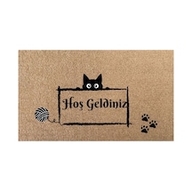 Eldione Kaymaz Tabanlı Baskılı Şık Kapı Önü Paspası 45x70 Cm Coco Hasır Görünümlü Velür Kedi Desenli Paspas Bej
