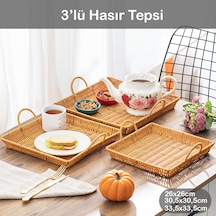 Porsima 709b Kare 3'lü Hasır Tepsi Dekoratif Sunum Servis Tepsisi