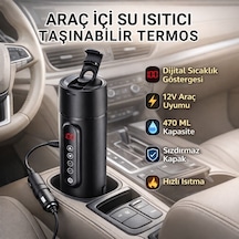 Polham Araç İçi Su Isıtıcı 470 Ml Dijital Sıcaklık Göstergeli Taşınabilir Termos 12v Çakmaklık Uyumlu, Hızlı Isıtma, Sızdırmaz Kapak Siyah