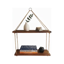 Doğal Ahşap 2 Katlı Asma Raf, Jüt İpli Dekoratif Duvar Rafı, Kitaplık Ve Çiçeklik İçin, 50x16x64 Cm Diğer
