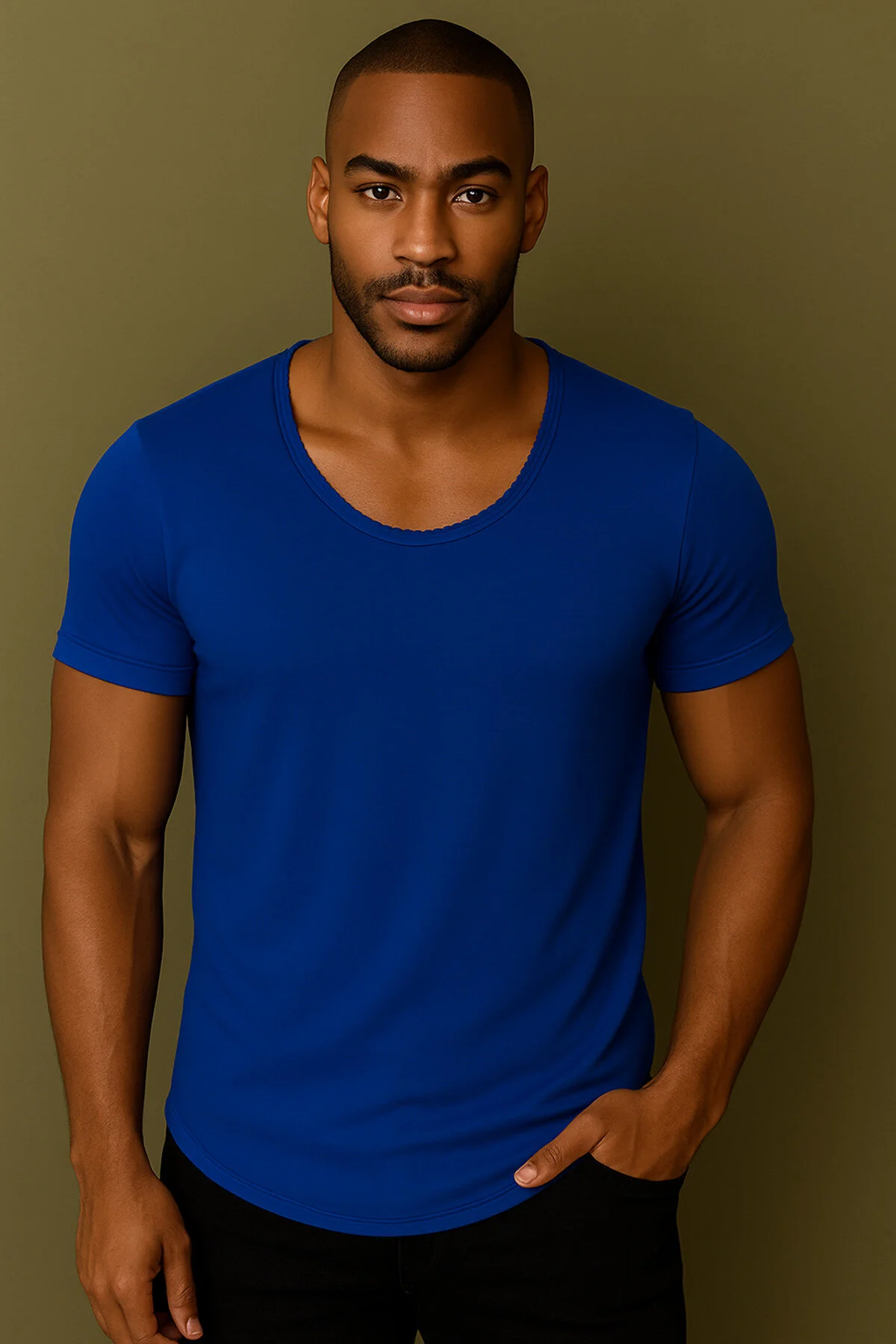 Premium Kalite Erkek Mavi Geniş Yaka Tam Likralı Alt Oval Slim Kesim Tişört T-shirt Mavi 