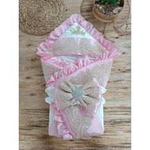 Yenidoğan Grand Lüks Kelebek Ağır Güpür İşlemeli Şapkalı Bebek Battaniyesi Kundak Pembe Pembe