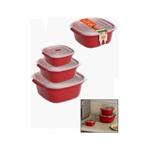 3 Pcs Kırmızı Kare Saklama Kabı Set 550-1100-2200ml 5047