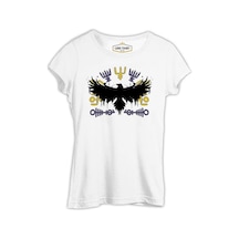 Raven Silhouette With Viking Symbols Beyaz Kadın Tshirt 001